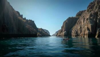 Men and women kayak on tranquil water generated by AI photo