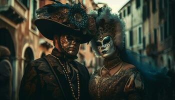 Two mystery people in elegant Venetian costumes generated by AI photo