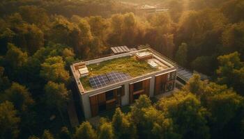 Modern building rises above tranquil forest meadow generated by AI photo