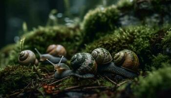 Slow green snail slithers on wet leaf generated by AI photo