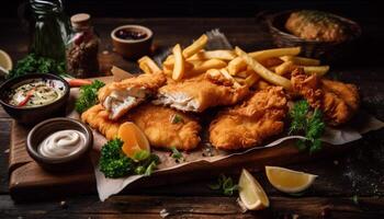 Deep fried fillet with fries and salad generated by AI photo