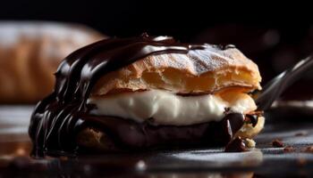 indulgente rebanada de chocolate pastel con azotado crema generado por ai foto