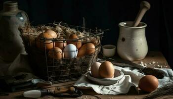 Fresco orgánico huevos en rústico de madera cesta generado por ai foto