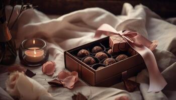 Luxury chocolate box on rustic wood background generated by AI photo