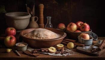 Rustic homemade apple pie on wooden table generated by AI photo