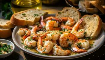 A la parrilla gamba gambas rebozadas, Fresco un pan aperitivo plato generado por ai foto