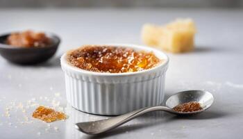 Ready to eat vanilla creme brulee topped with caramel generated by AI photo