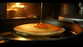 Freshly cooked stack of delicious pancakes with honey generated by AI photo