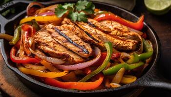 Grilled meats, veggies, and spices sizzle atop cast iron generated by AI photo