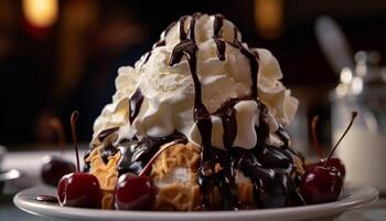 chocolate y fresa hielo crema helado con frutas y nueces apilar generado por ai foto