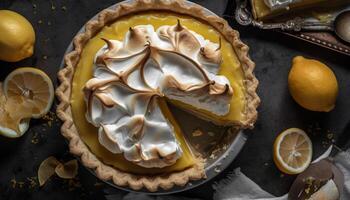 Whipped cream atop lemon tart indulgence slice generated by AI photo