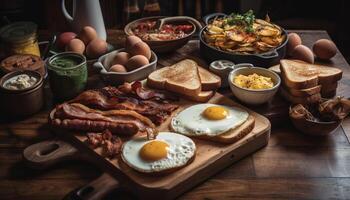 Grilled meat on rustic wooden table plate generated by AI photo