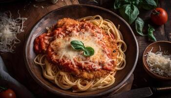 Fresh homemade pasta with savory tomato sauce generated by AI photo