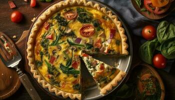 Freshly baked vegetarian quiche on rustic wooden table generated by AI photo
