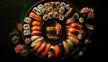 Fresh seafood sushi plate, a gourmet meal generated by AI photo