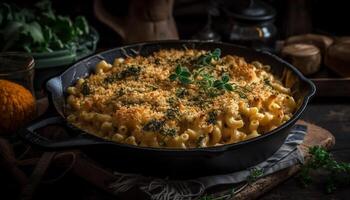 Homemade vegetarian casserole cooked on rustic table generated by AI photo