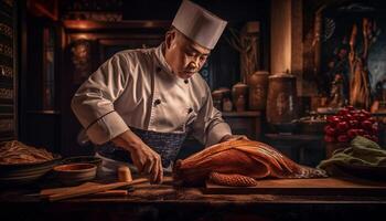 caucásico cocinero preparando hecho en casa gastrónomo comida adentro generado por ai foto