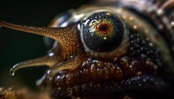 uno baboso caracol caparazón, cerca arriba bosque retrato generado por ai foto