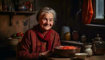 uno mayor mujer sonriente, preparando hecho en casa comida generado por ai foto