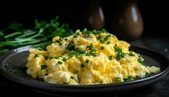 Scrambled eggs on a plate with parsley generated by AI photo