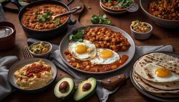 Fresco guacamole, carne, y verduras en madera generado por ai foto