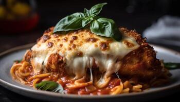 Ready to eat lasagna on gourmet plate generated by AI photo