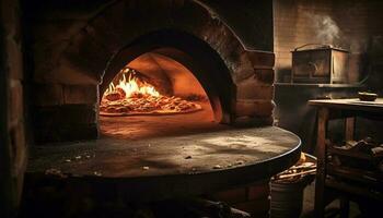 gastrónomo Pizza horneado en rústico madera horno generado por ai foto