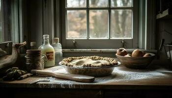 otoño tarta horneando en rústico Doméstico cocina generado por ai foto