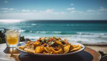 Outdoor summer meal on wooden table stacked with gourmet dishes generated by AI photo