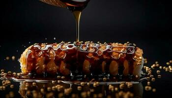 Golden liquid pouring   sweet honey dessert bliss generated by AI photo
