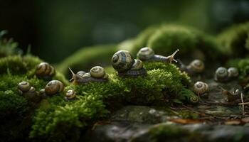 Slow garden snail crawling on wet leaf generated by AI photo
