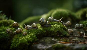 lento jardín caracol gateando en mojado hoja generado por ai foto