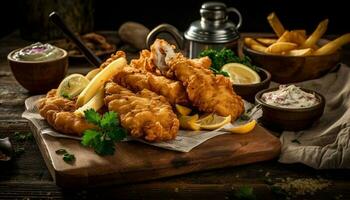 Fried meat and potatoes on rustic plate generated by AI photo