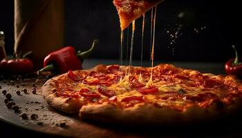 Freshly Baked Pizza on Rustic Wooden Table generated by AI photo