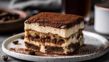 Layered chocolate tiramisu cake with mascarpone cream generated by AI photo