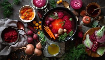 Fresh ingredients on rustic wood table for salad generated by AI photo