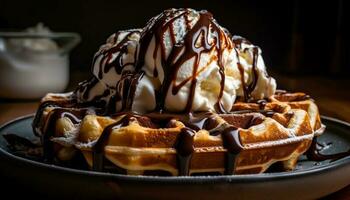 Waffle stack with chocolate sauce and whipped cream generated by AI photo