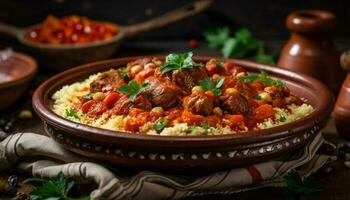 Healthy vegetarian couscous salad with fresh cilantro generated by AI photo