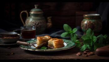 Sweet rustic desserts on wooden plate display freshness generated by AI photo