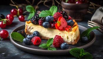 Whipped cream swirls on homemade berry cheesecake generated by AI photo