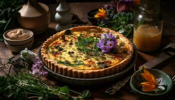 Rustic wood table displays homemade savory pies generated by AI photo