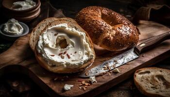 Homemade whole wheat bagel on rustic cutting board generated by AI photo