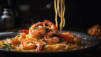 gastrónomo pasta linguini plato con recién cocido Mariscos generado por ai foto