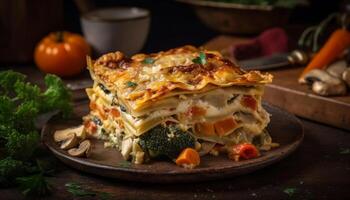 Homemade, baked Lasagna on rustic wooden table generated by AI photo