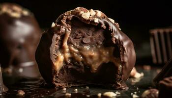 Indulgent homemade chocolate chip brownie, tempting dessert generated by AI photo
