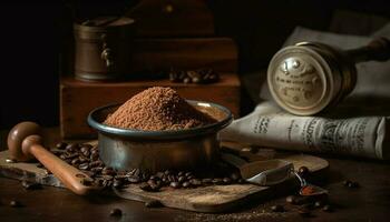 Organic coffee bean heap grinded for gourmet drink generated by AI photo