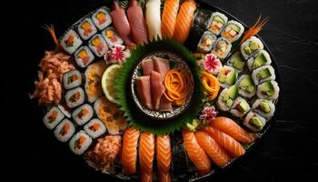 Fresh seafood lunch sashimi and maki sushi plate generated by AI photo