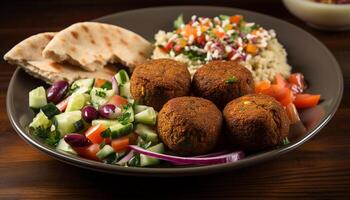 Healthy vegetarian meal falafel, salad, yogurt, hummus generated by AI photo