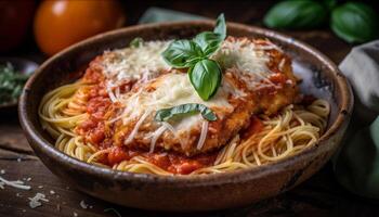 Freshly cooked pasta topped with bolognese sauce generated by AI photo