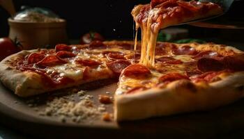 Mozzarella, tomato, salami rustic Italian pizza slice generated by AI photo